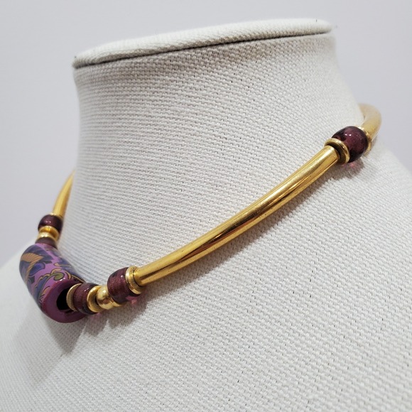 Vtg Omega Style Statement Choker Necklace Goldtone Clay, Metal & Glass Beads - Picture 3 of 10